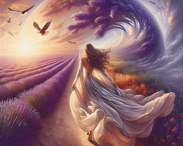 Woman in White Dress in Lavender Field at Sunset