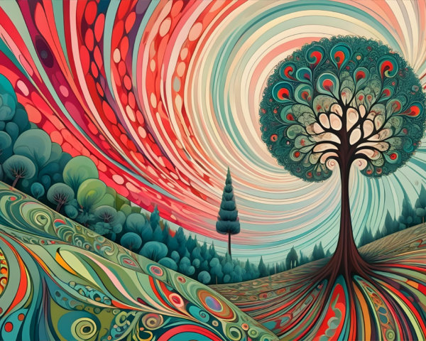 Vibrant Landscape with Whimsical Tree and Colors