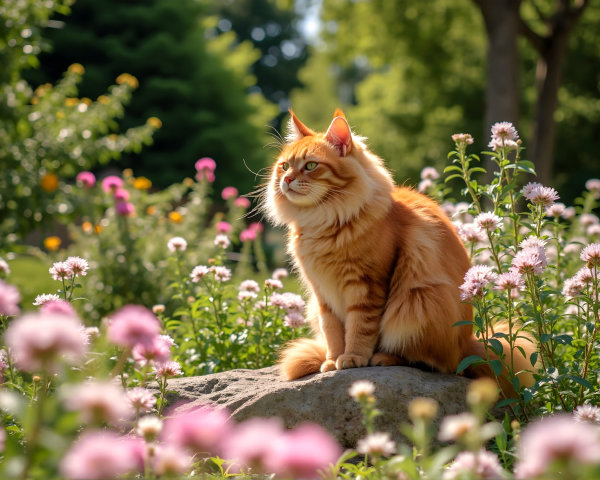Fluffy Orange Cat in Vibrant Garden Setting
