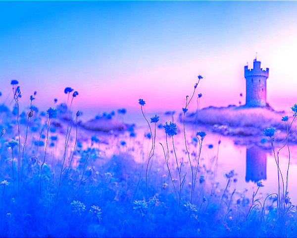 Flower-filled foreground with castle silhouette against twilight sky
