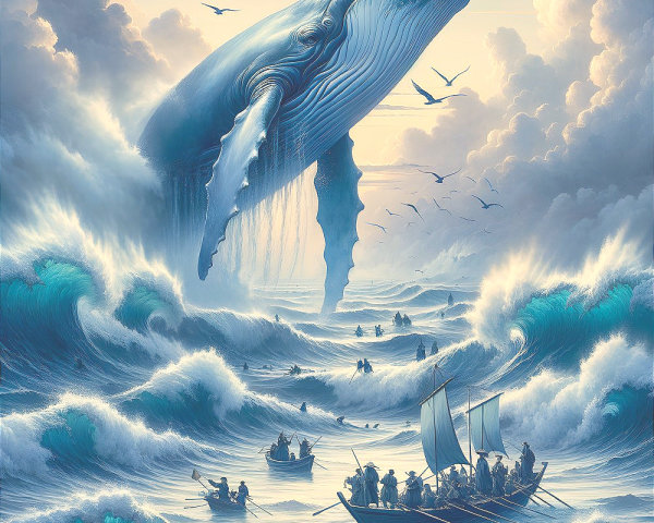 Majestic Blue Whale Above Ocean Waves and Boats