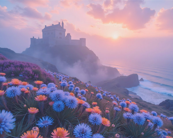 Castle on Cliffside Overlooking Serene Ocean Sunset