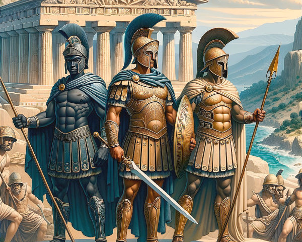 Armored Warriors with Ancient Greek Temple Background