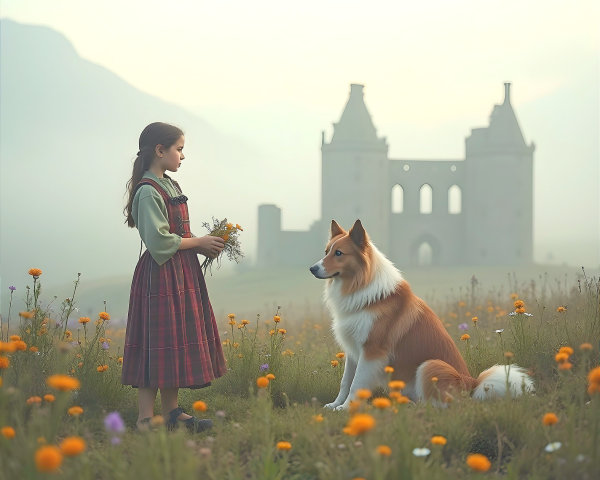 Young girl with wildflowers in a meadow setting