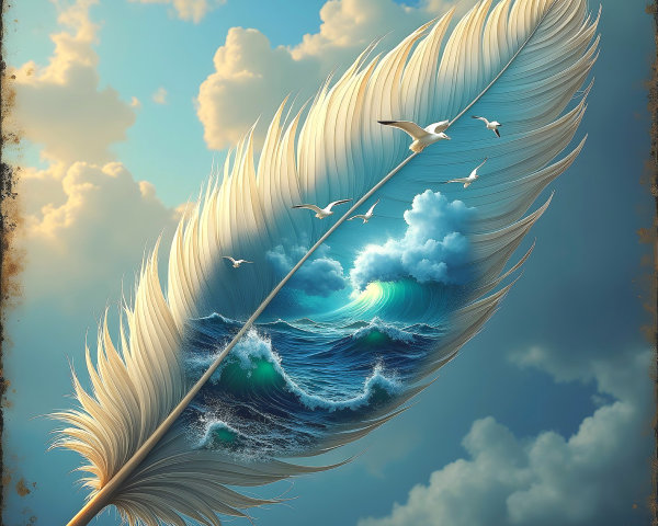 Majestic Feather with Seascape Against Serene Sky