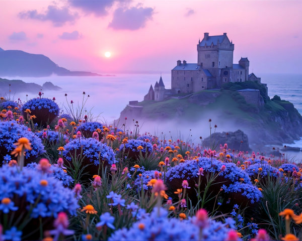 Castle on Cliff with Ocean View at Sunset