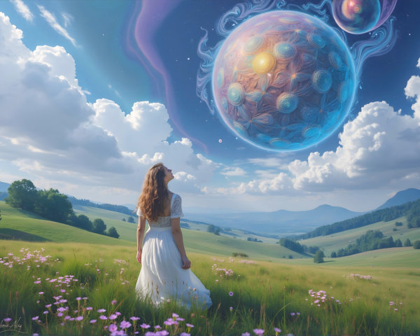 Young woman in a wildflower meadow under cosmic sky