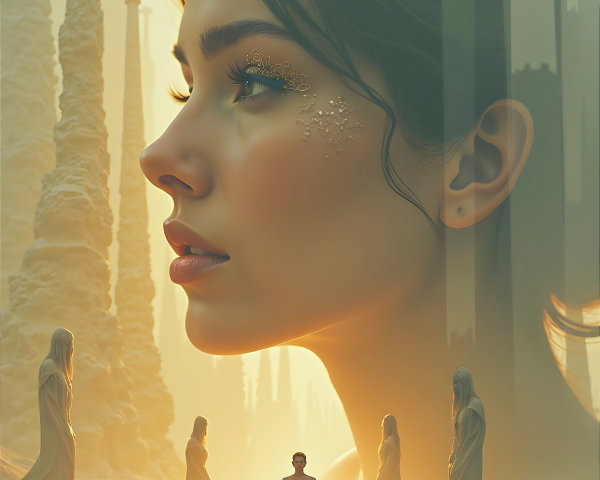 Serene profile of a woman in a mystical landscape