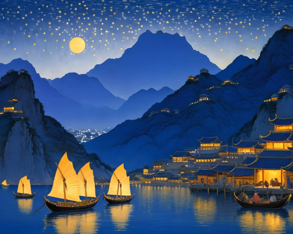 Nighttime Scene of a Chinese Village by Water