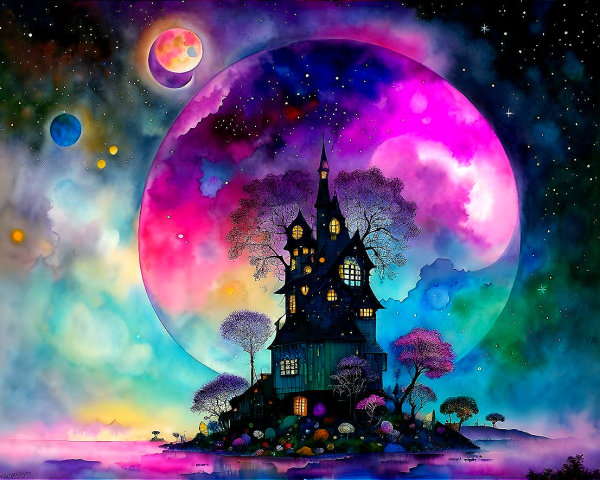 Vibrant fantasy artwork: old house on hill, colorful trees, large moon, floating planets,