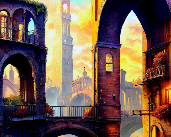 Fantastical cityscape with clock tower, bridges, and sunset glow