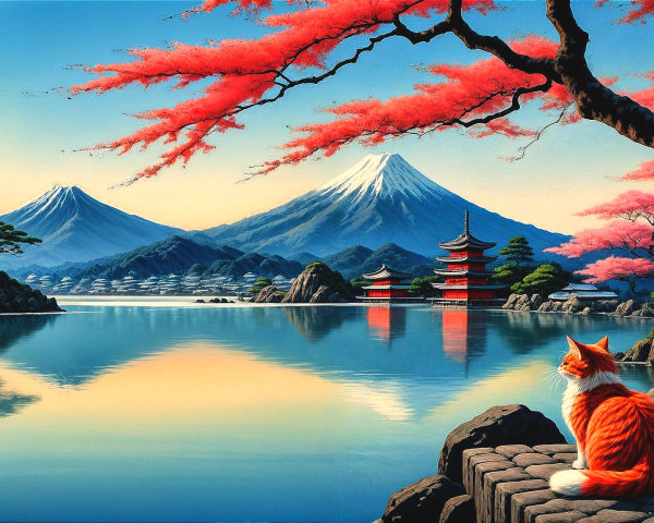 Cherry Blossoms and Mountains by a Tranquil Lake