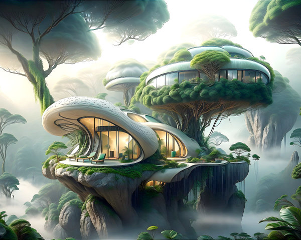 Futuristic eco-house design in a mystical forest setting