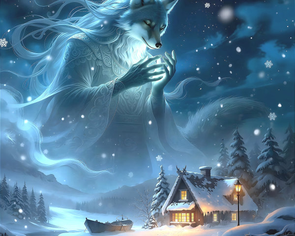 Celestial Arctic Fox Spirit Above Snowy Village Scene