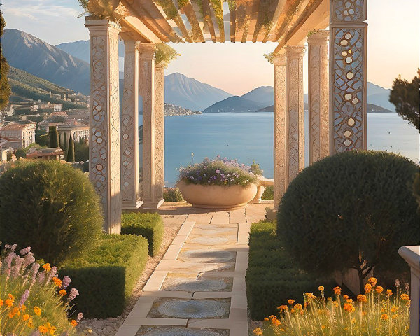 Serene Garden Pathway with Stone Columns and Views