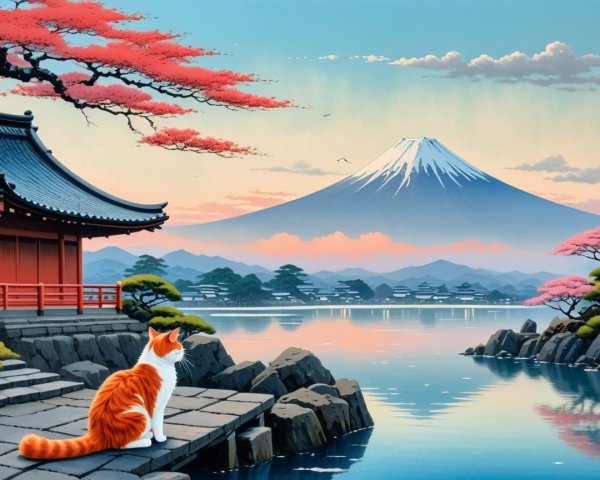 Tranquil Landscape with Mountain and Cherry Blossoms
