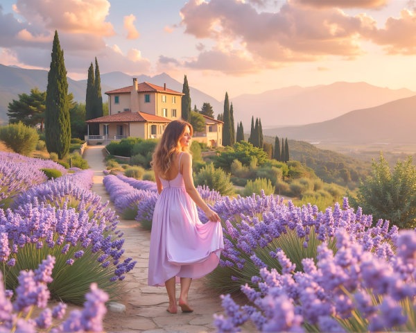 Serene Sunset with Woman in Pink Dress and Lavender