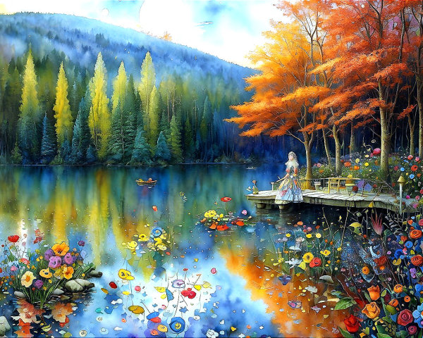 Vibrant painting of a woman by a serene lake