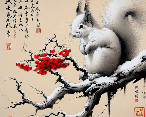 Sumi-e Painting of a White Squirrel in Winter Scene