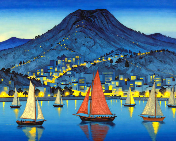 Serene Night Scene with Sailboats and City Lights