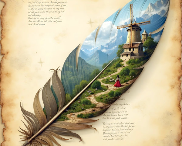 Giant Quill Pen with Serene Landscape Illustration