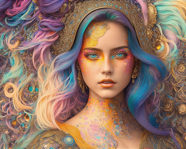 Colorful digital portrait of a woman with multicolored hair and ornate headgear.