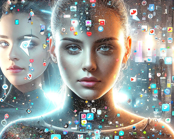 Digital artwork: Woman's face with vibrant social media icons