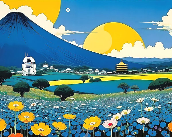 Futuristic Landscape with Robot and Majestic Mountains