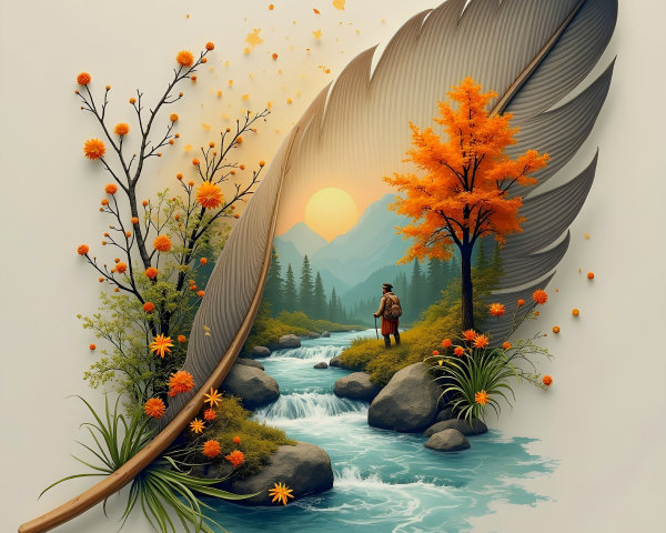 Giant Feather Framing a Serene Autumn Landscape