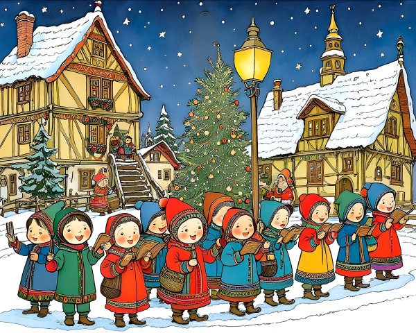 Winter Village Scene with Children Caroling at Night