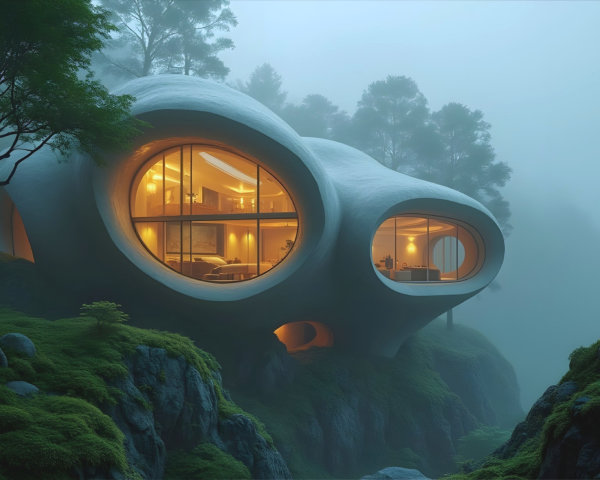 Futuristic Organic House on Rocky Hillside with Glow