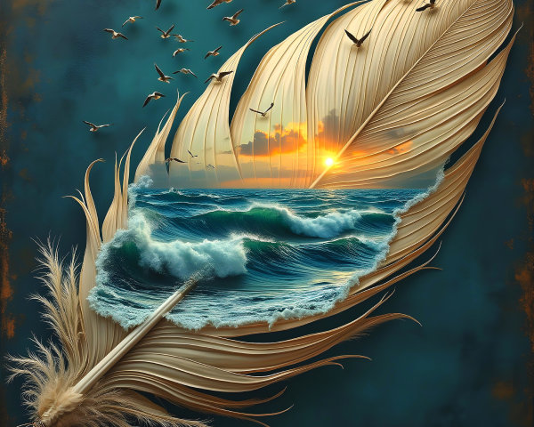 Intricate Feather Blending with Vibrant Seascape