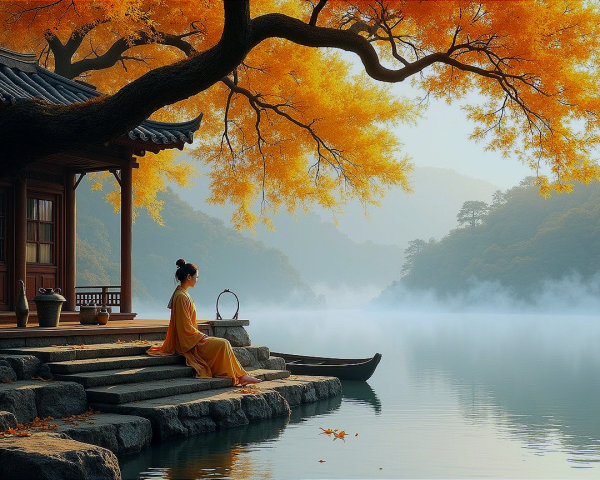 Tranquil Lake Scene with Autumn Leaves and Mist