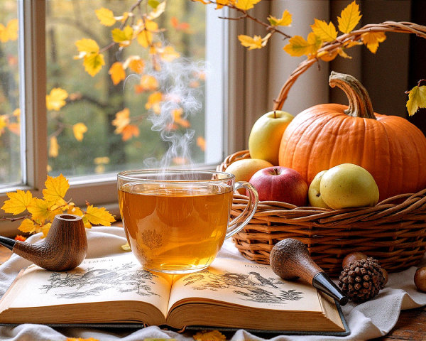 Cozy Autumn Scene with Tea, Book, and Fall Decor