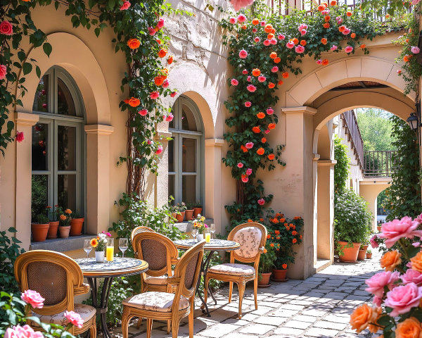 Charming Courtyard with Vibrant Roses and Tables