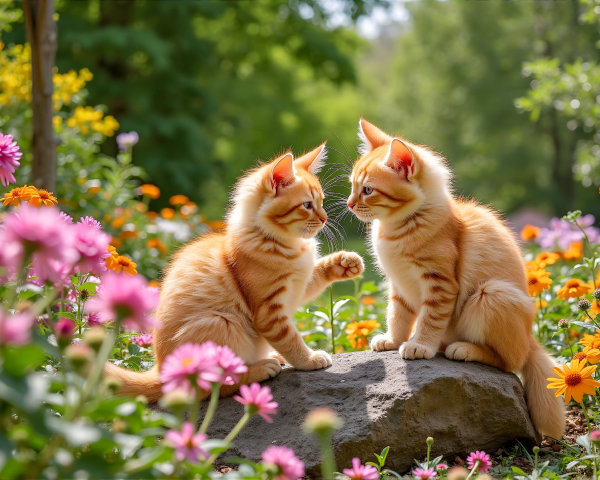 Playful Orange Tabby Kittens in Vibrant Garden Setting