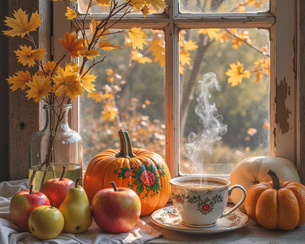 Cozy Autumn Scene with Tea, Pumpkins, and Apples