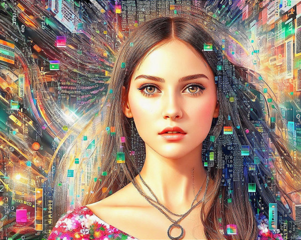 Digital artwork: Woman with striking features on abstract background