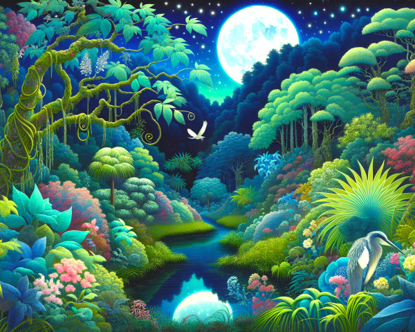 Enchanted Moonlit Landscape with Lush Flora and Stream