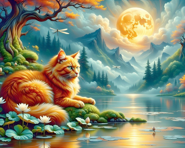 Vibrant Cat by Tranquil Lake in Serene Landscape