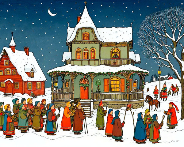 Winter Village Scene with Carolers and Snowy Homes