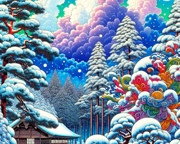 Vibrant Winter Cabin Scene with Colorful Clouds