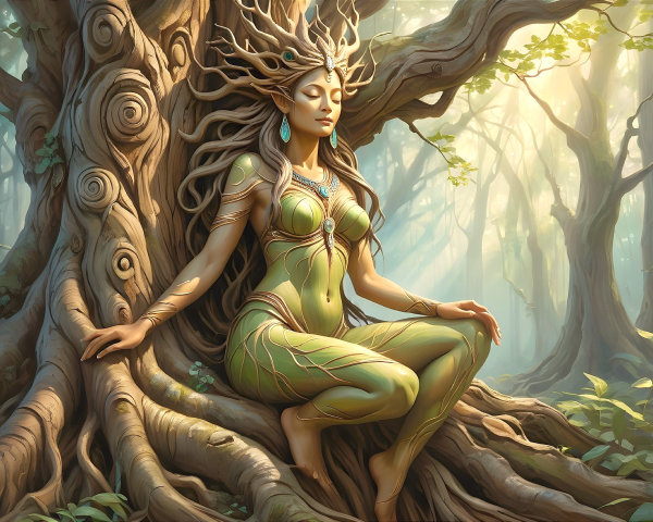 Woman with Vine-Like Designs in Serene Forest Setting