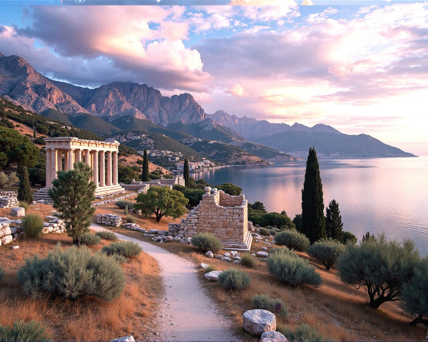Coastal Landscape with Ancient Ruins and Temple