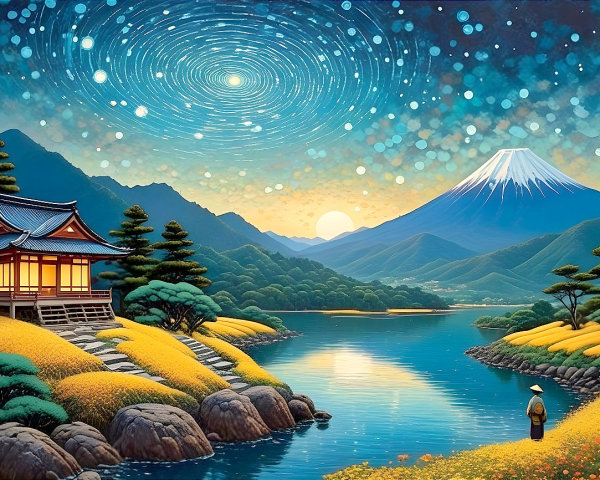 Tranquil River and Mount Fuji at Sunset Landscape