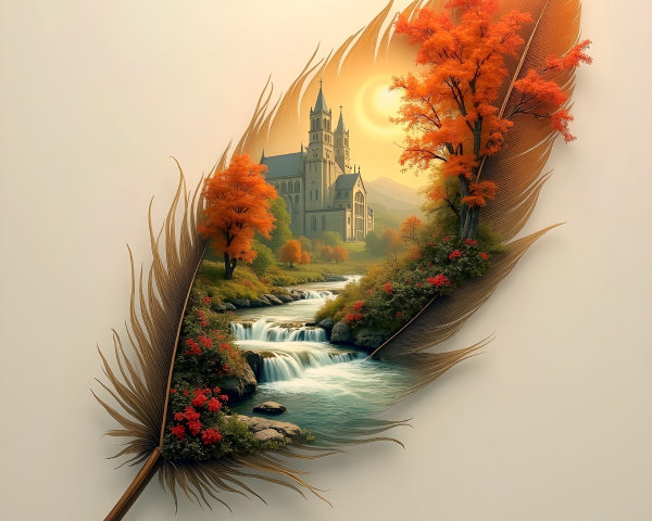 Feather with Autumn Landscape and Serene Castle