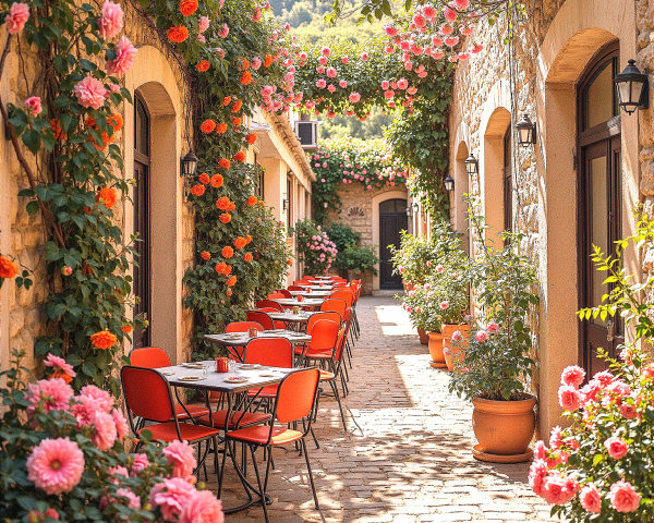 Charming Cobblestone Alleyway with Colorful Flowers