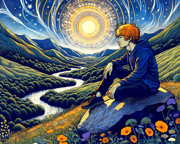 Young Person in Lush Landscape Under Radiant Sun