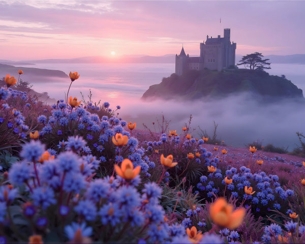 Majestic Castle at Dawn Surrounded by Wildflowers
