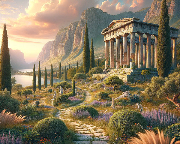 Ancient Temple in Lush Green Landscape with Mountains